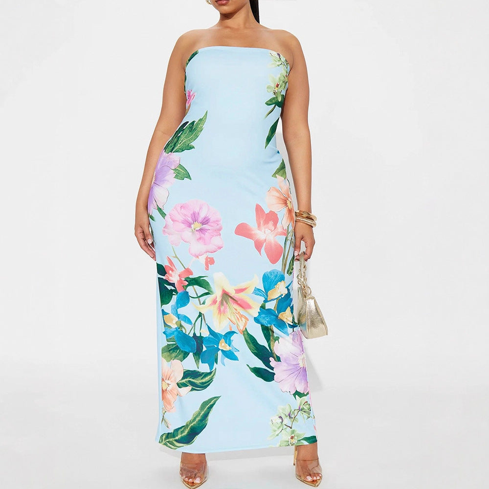Dame maxikjole i elegant bandeau-stil med blomstermønster Skjora