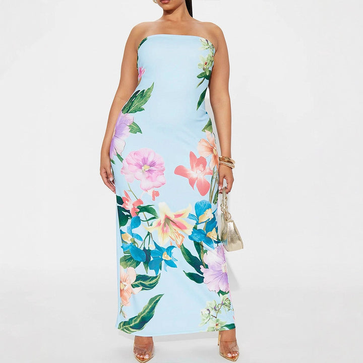 Dame maxikjole i elegant bandeau-stil med blomstermønster Skjora