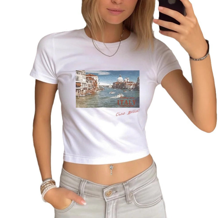 Damer Crop-T-skjorte med kreativt øye-motiv og turtrykk Skjora