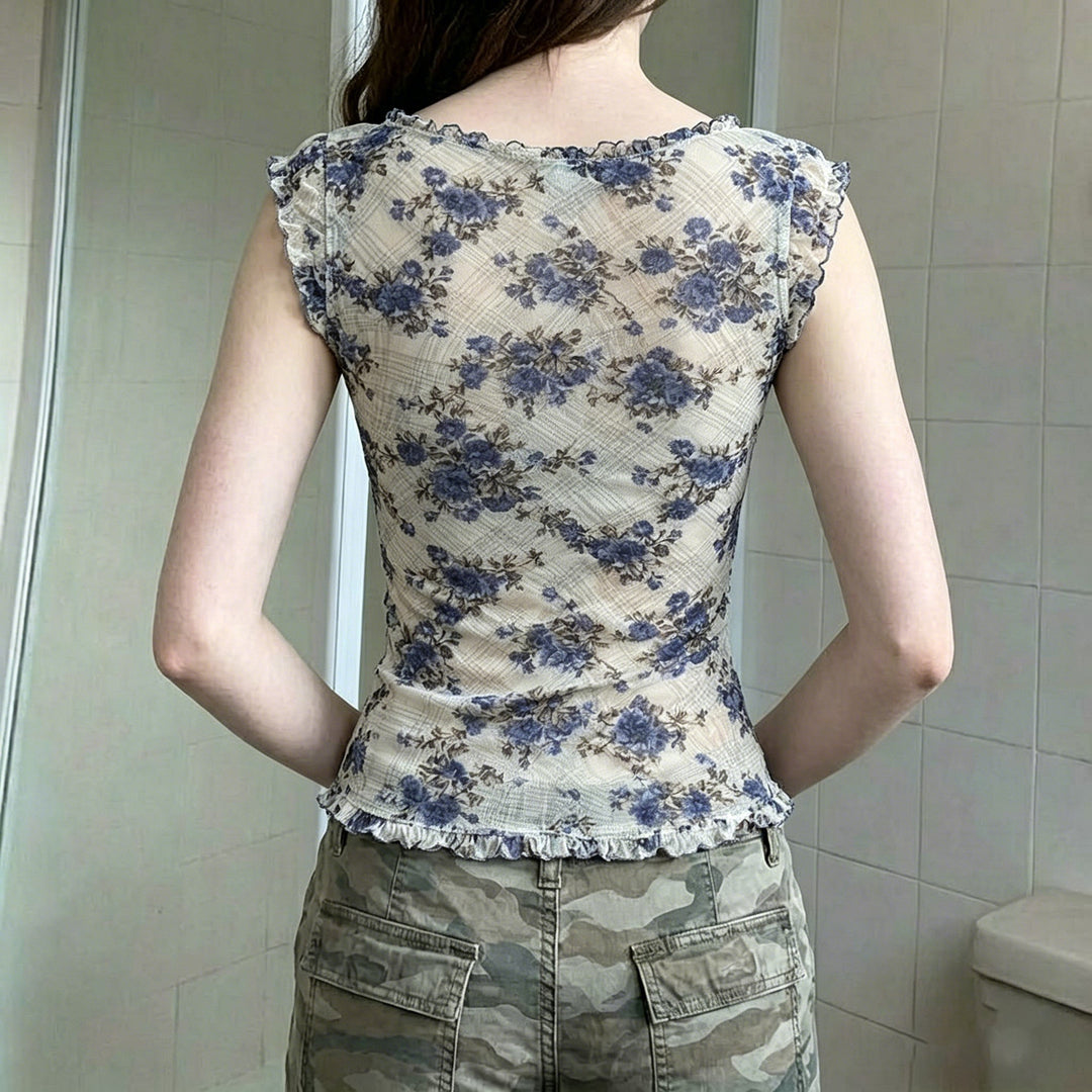 Dame bluse topp med volangdetaljer og blomster mønster Skjora