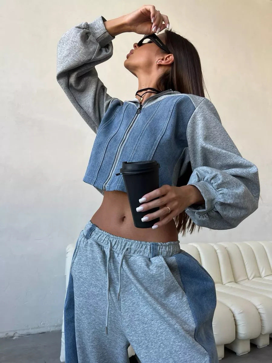 Kvinnens cropped sweatshirt jakke med ballongformede ermer og joggebukse sett Skjora