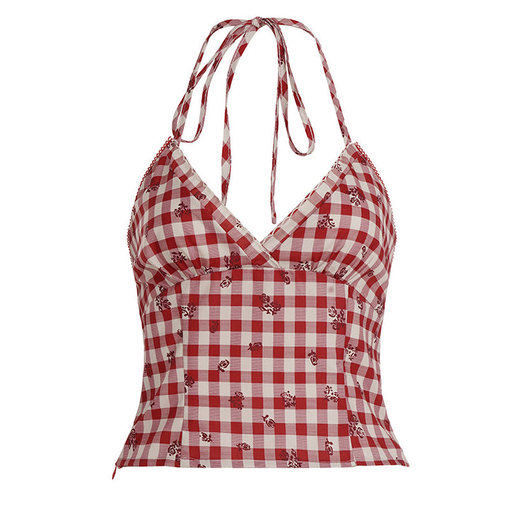 Dame Rutete-Bikini-Topp i vintage-stil med spaghetti stropper og ekstra blomsterdesign Skjora