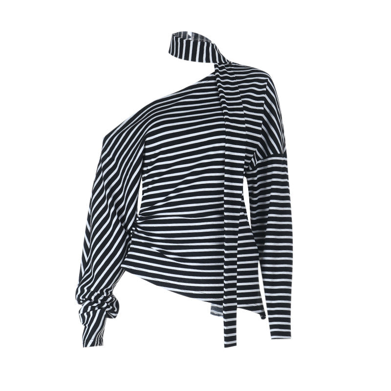 Kvinne asymmetrisk langermet skjorte med fashionable striper og halterneck Skjora
