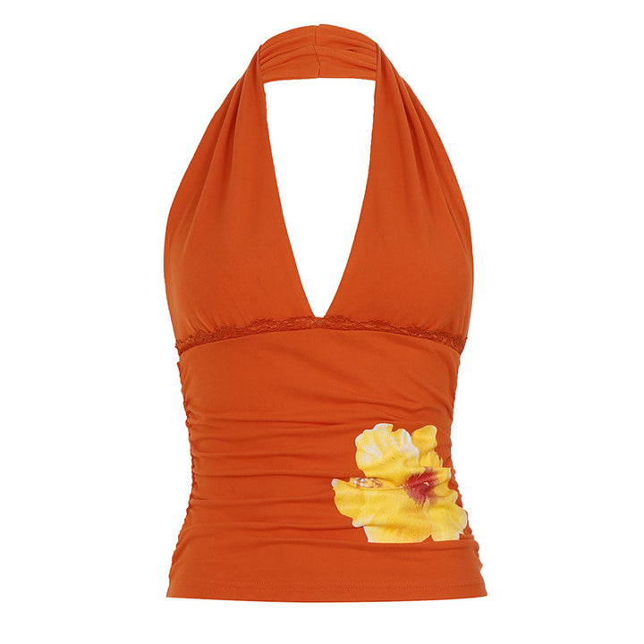 Damer Halter-Tank-Top med blomsterdesign og rynker Skjora