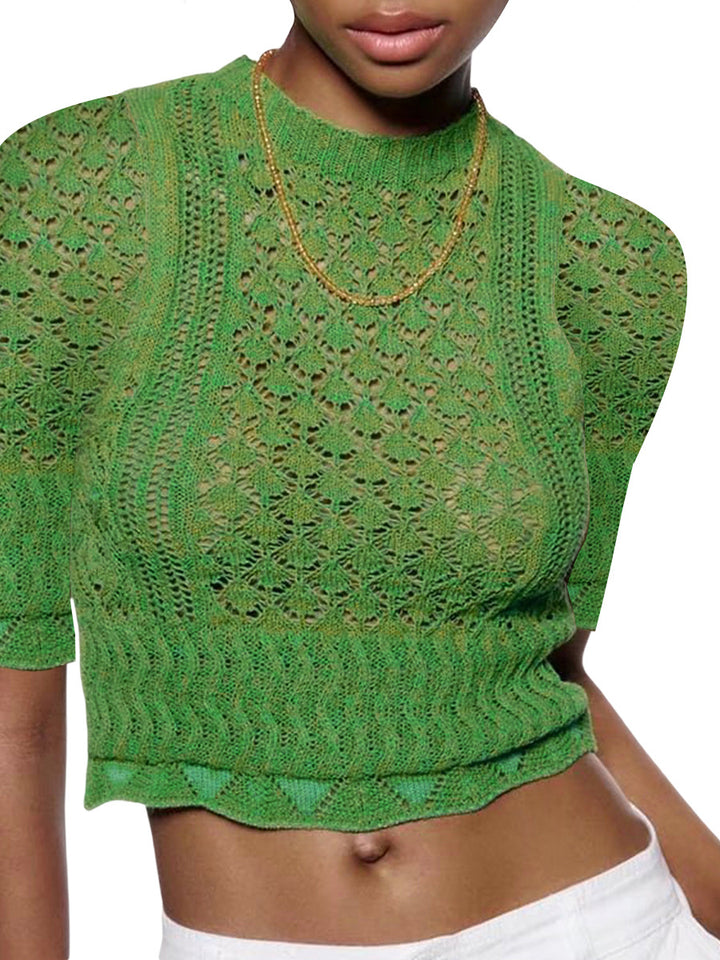 Dame Print Strikketopp med luftig nettstruktur og trendy crop-skjæring Skjora