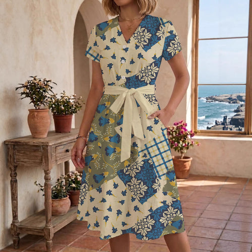 Damen Sommerliches Kleid mit taillierbarem Bindegürtel und floralem Muster Skjora