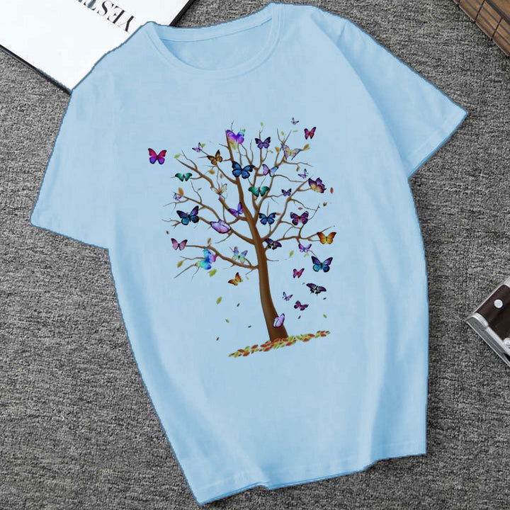 Dame T-skjorte med kreativ sommerfugl-design og tre-motiv Skjora