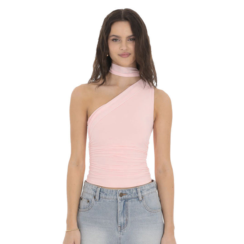 Dame asymmetrisk innpakning topp med høy krage og elegant innsnøring Skjora