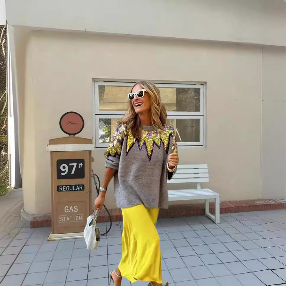 Damer Glitrende Oversized Genser med Unik Design og Funklende Detaljer Skjora