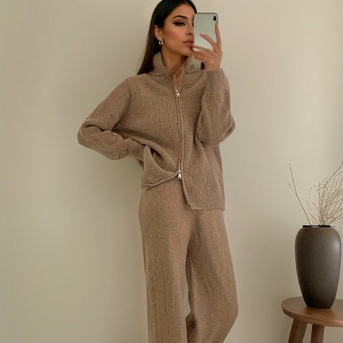 Kvinnelig Elegant Cardigan med Glidelås og Matchende Bukser Skjora