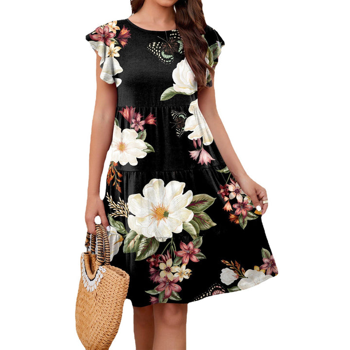 Dame blomster-midi-kjole med volangdetaljer og feminin silhuett Skjora