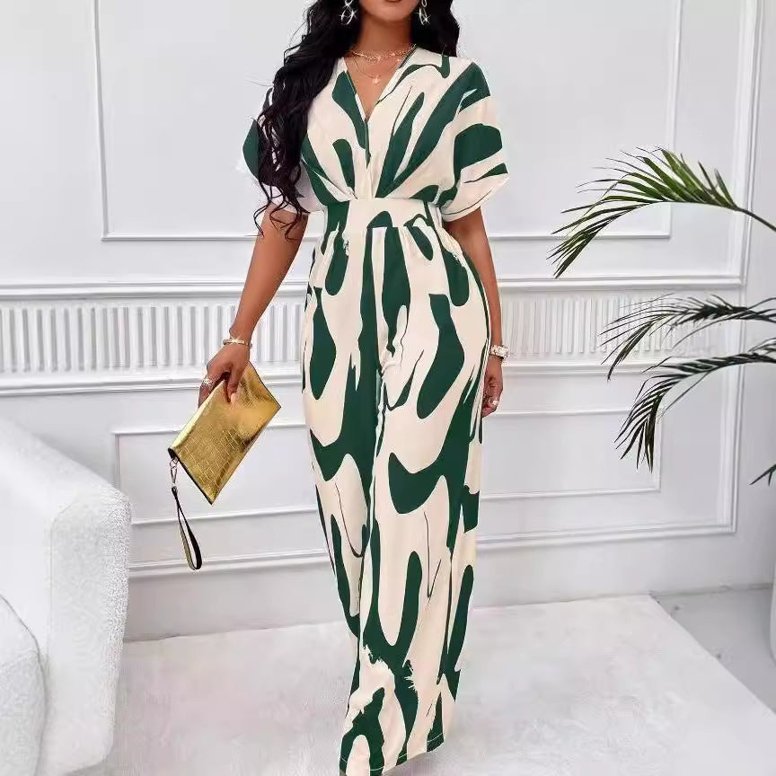 Dame Elegant Jumpsuit med stort mønster og V-hals Skjora