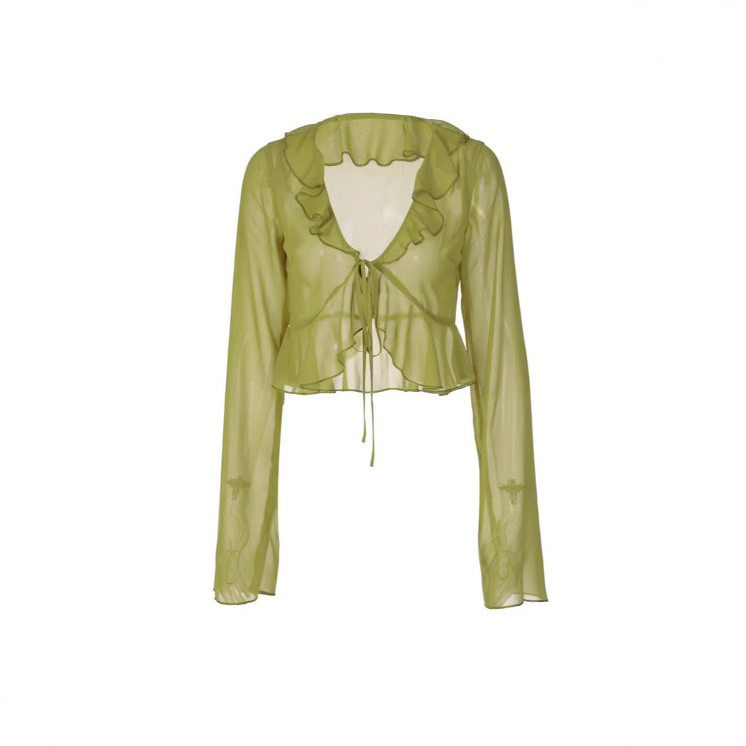 Damer Transparent Langermet Bluse med Volanger og Bindebelte Skjora