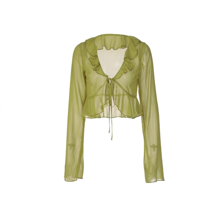 Damer Transparent Langermet Bluse med Volanger og Bindebelte Skjora