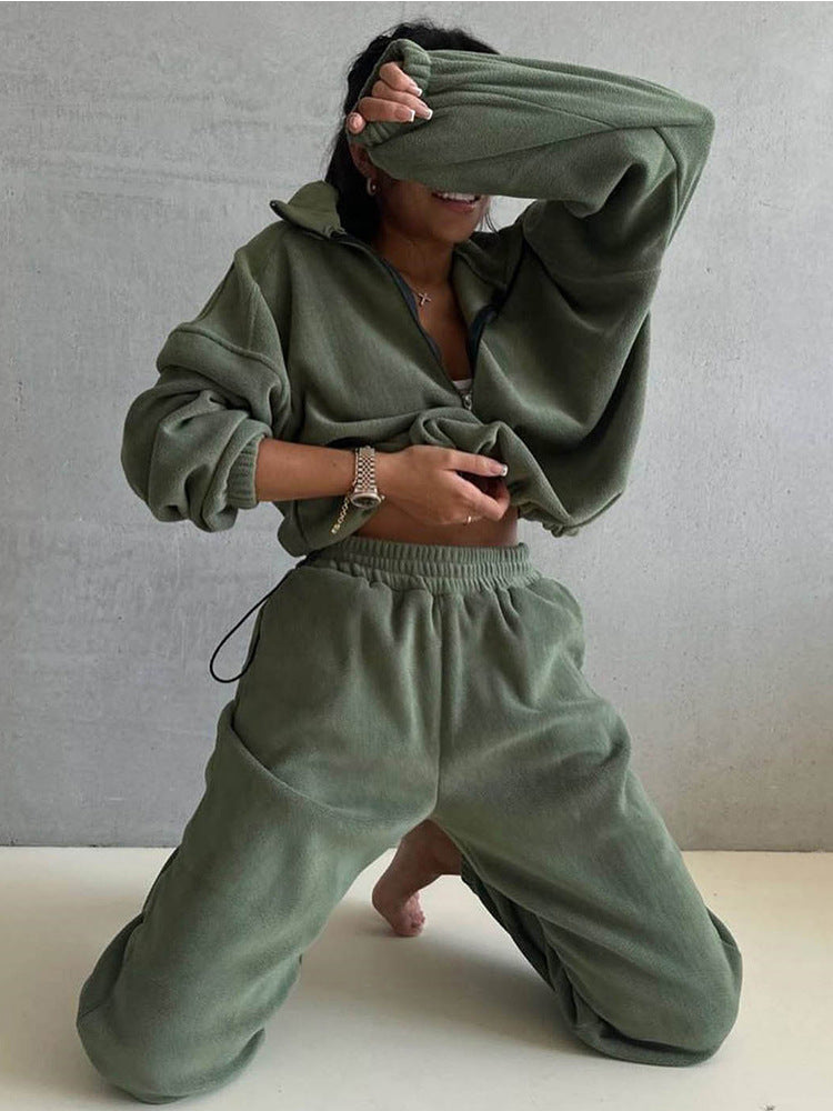 Kvinnens fleece loungewear-sett med halv glidelås og elastisk midje Skjora