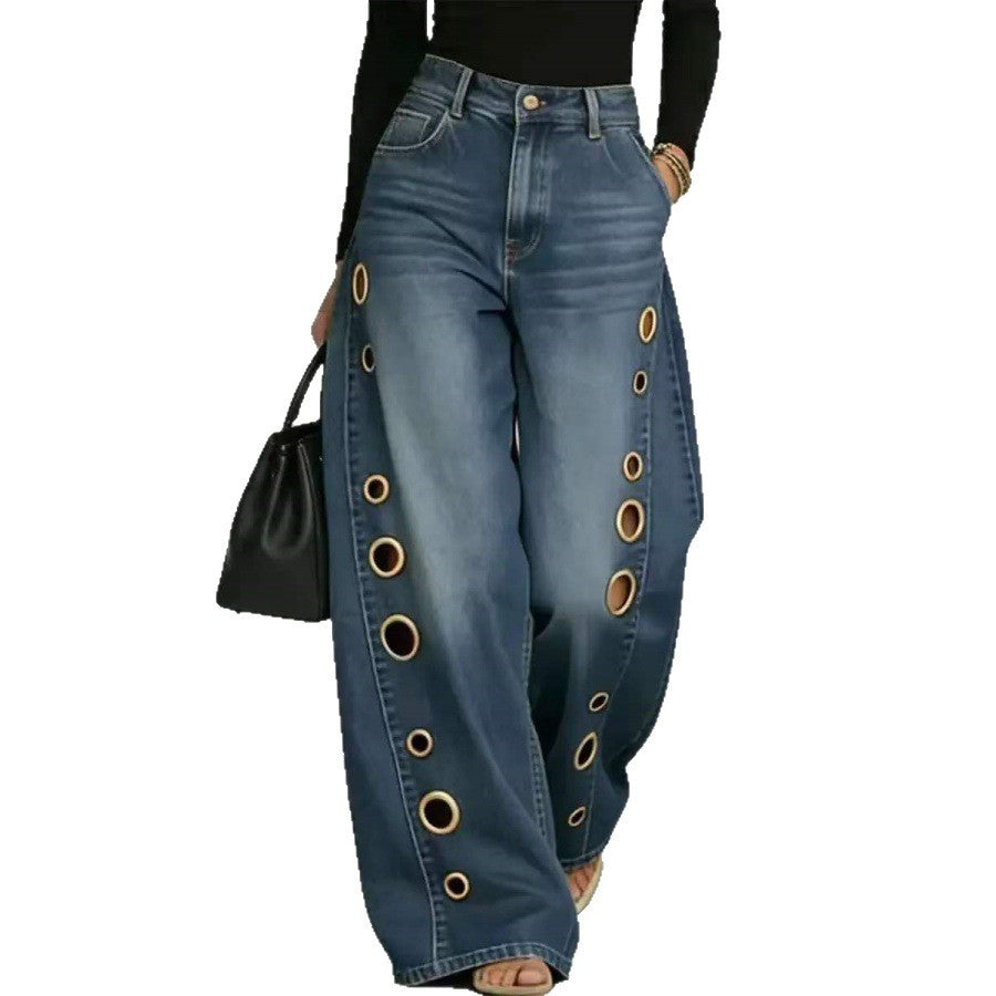 Kvinnenes vide jeans med dekorative øyler og høy midje Skjora