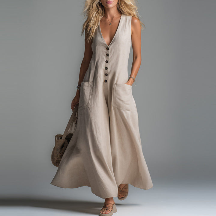 Damer eleganter jumpsuit med dyp V-hals og praktiske lommer Skjora