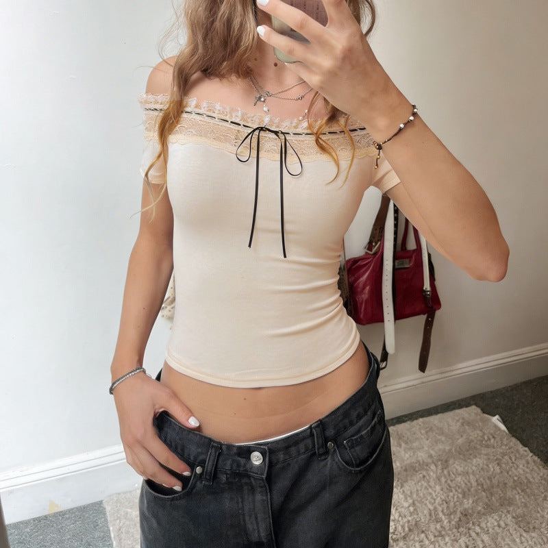 Dame Off-Shoulder Topp med blonde-forsterkninger og formsydd passform Skjora