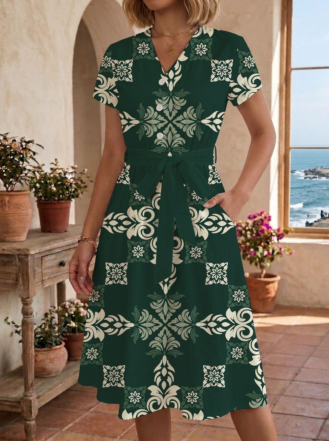 Damen Sommerliches Kleid mit taillierbarem Bindegürtel und floralem Muster Skjora