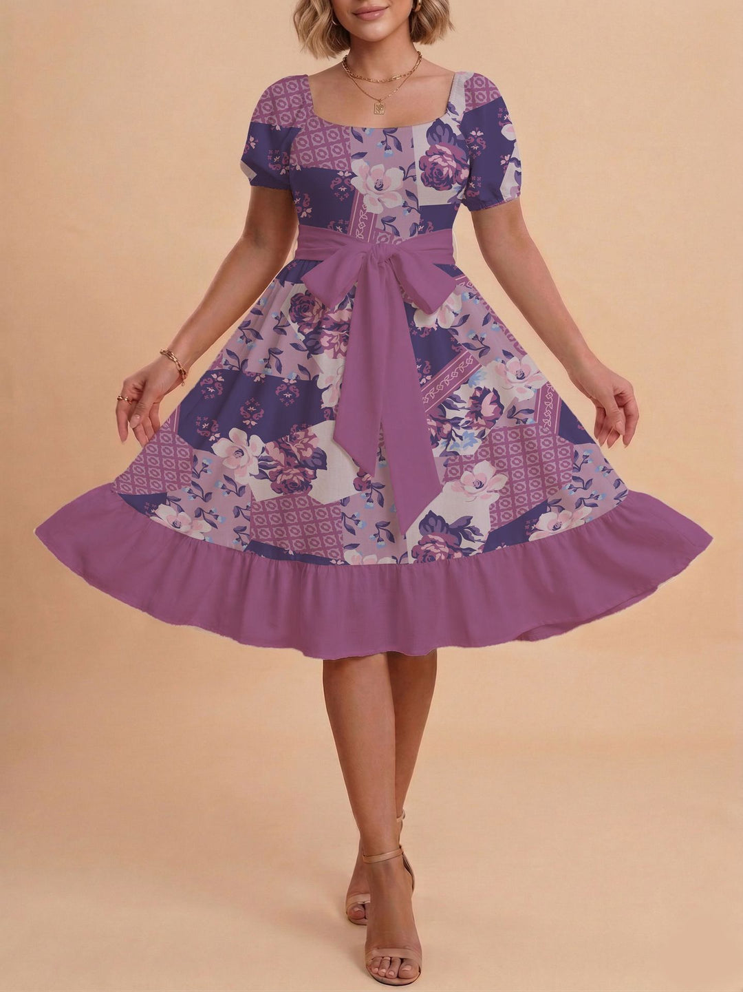 Damen Retro Maxikleid mit Puffärmeln und Taillengürtel Skjora