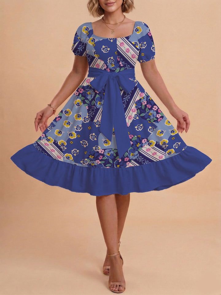 Damen Retro Maxikleid mit Puffärmeln und Taillengürtel Skjora