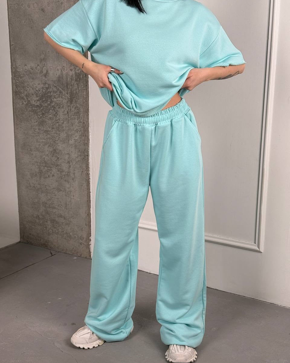 Dame casual relaxed-fit topp og brede bukser sett med praktiske sidelommer