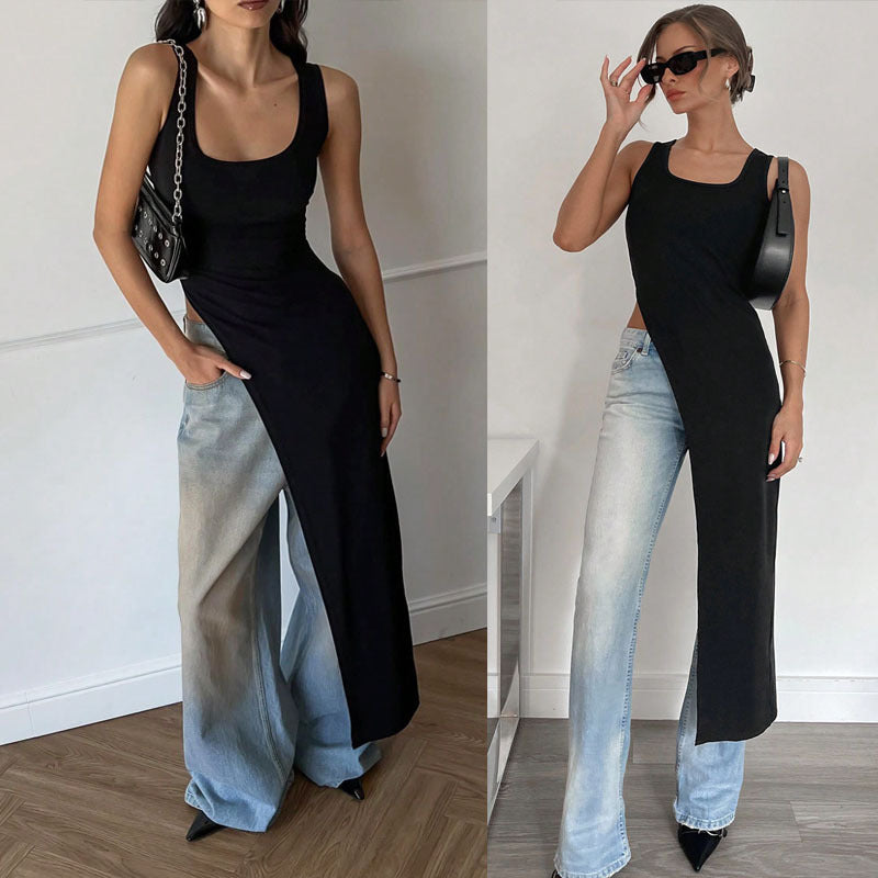 Dame Langerm Gravid Tunik med asymmetrisk snitt og stilige denim-elementer Skjora