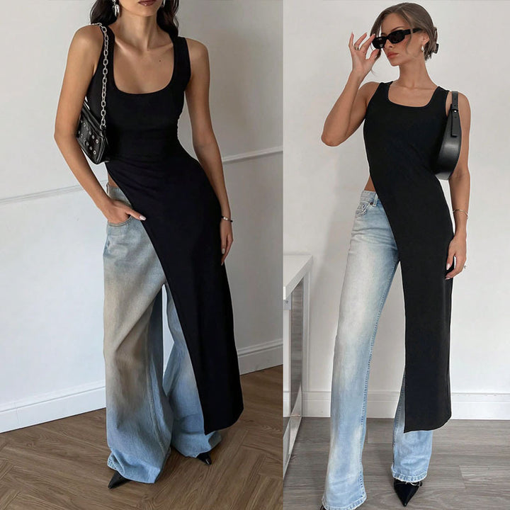 Dame Langerm Gravid Tunik med asymmetrisk snitt og stilige denim-elementer Skjora
