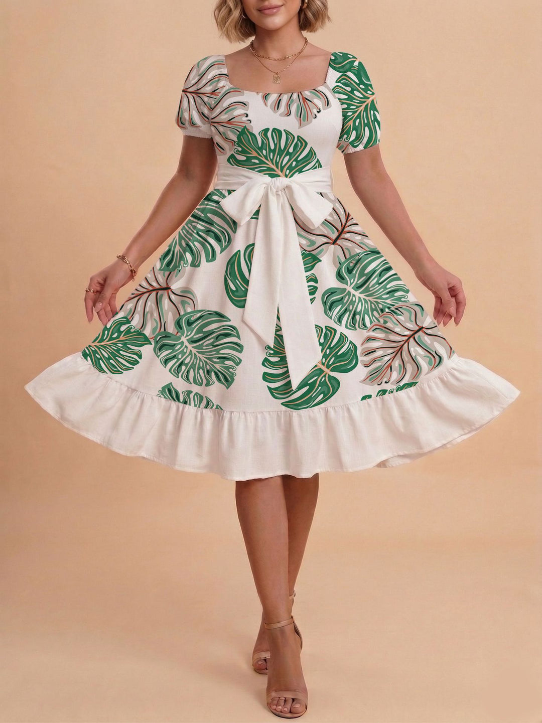 Damen Verspieltes Maxikleid mit Bärenmuster und taillierbarem Band Skjora