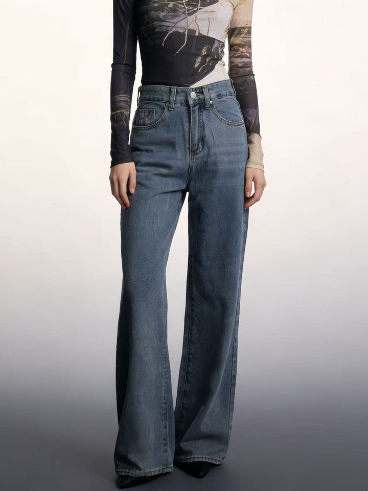 Dame Bred Høyt liv Jeans med spesielle søm detaljer Skjora