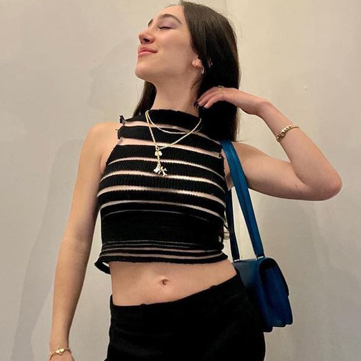 Dame Crop-Top med gjennomsiktig hullmønsterstruktur Skjora