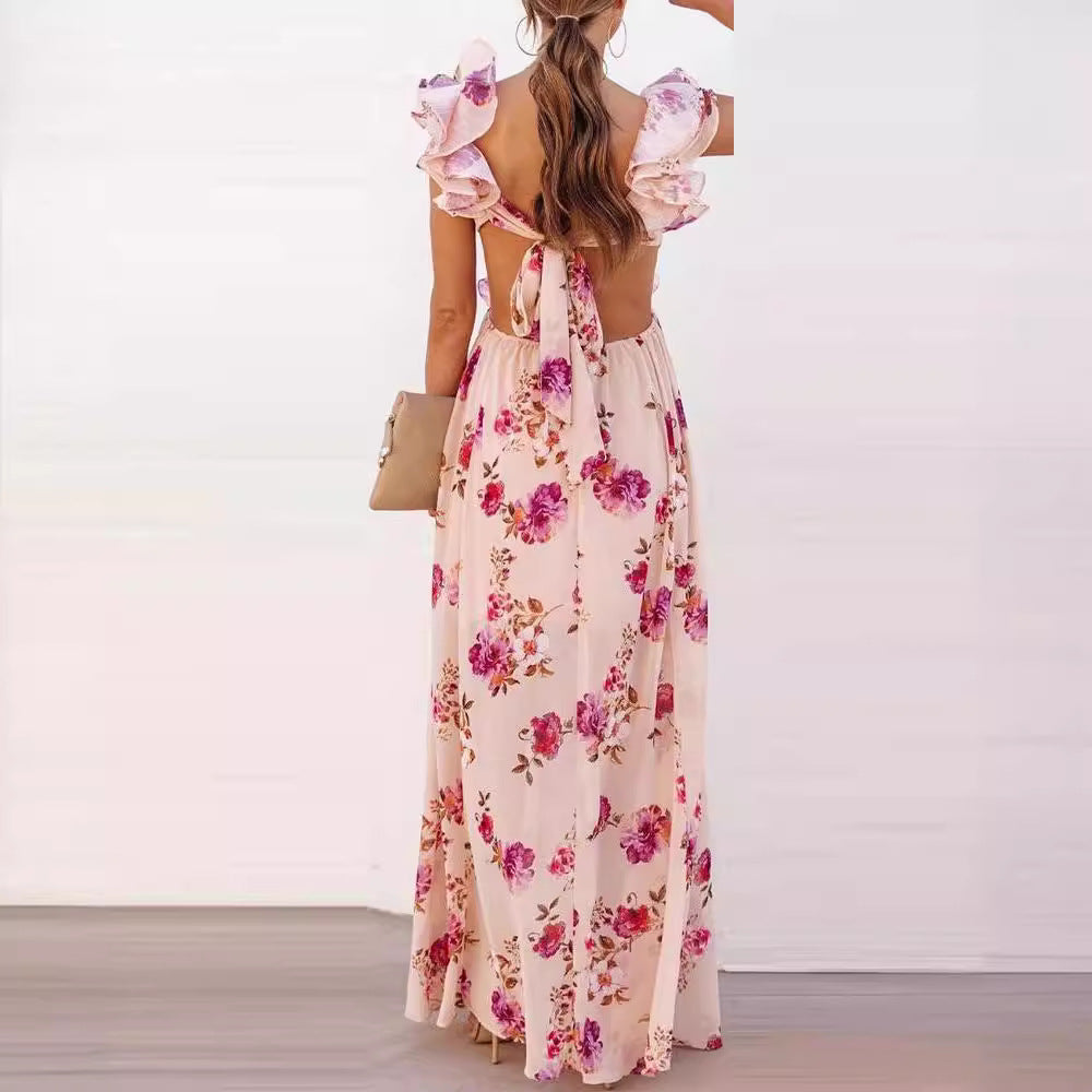 Kvinnelig Elegant Maxi Kjole med Volangdetaljer og Blomsterdesign