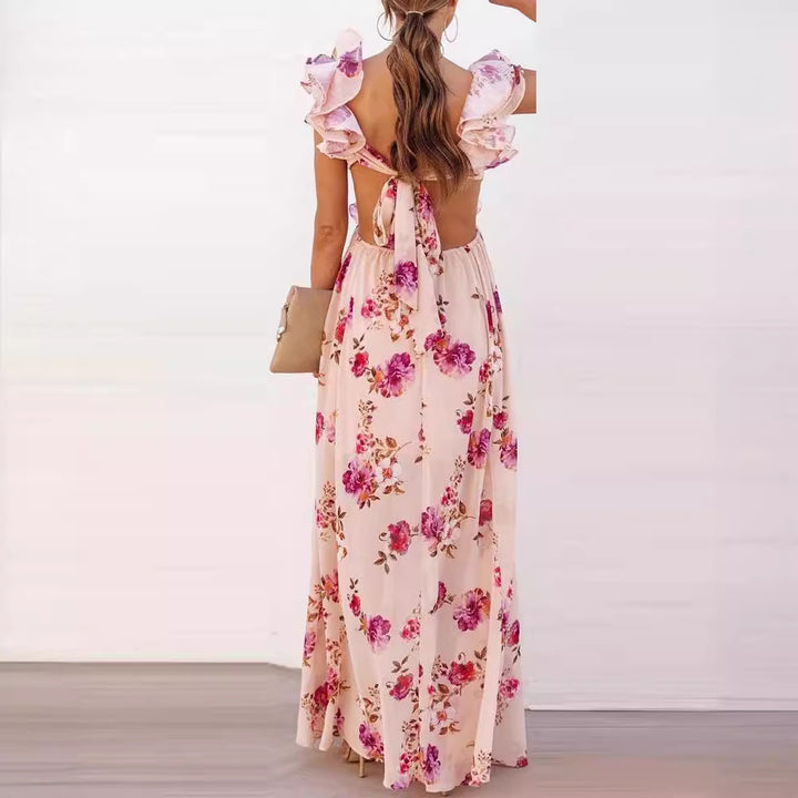 Kvinnelig Elegant Maxi Kjole med Volangdetaljer og Blomsterdesign