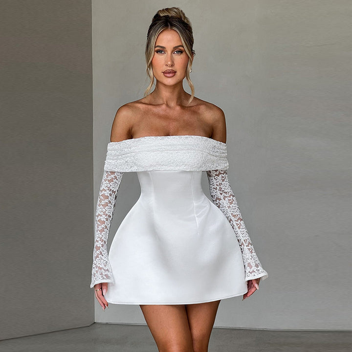 Dame elegant off-shoulder minikjole med spissærmer og svingende skjørt Skjora