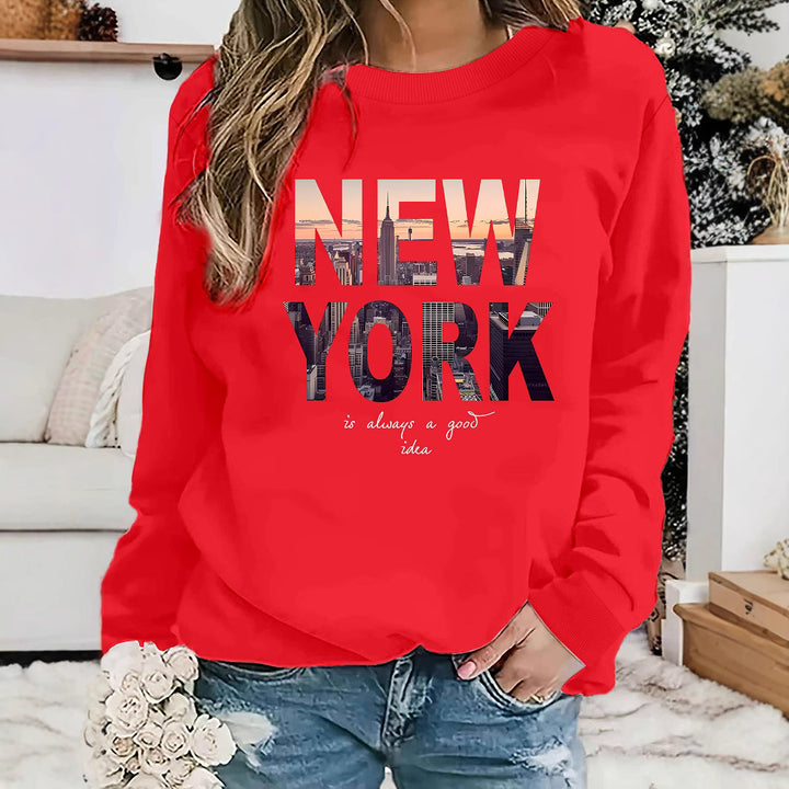 Kvinnenes sweatshirt med kreativ New York skyline print og komfortabel passform Skjora