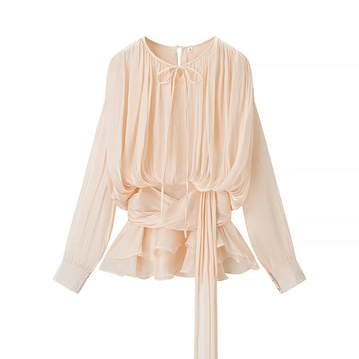 Damer Elegant Bluse med Volanger og Bundet Belte Skjora