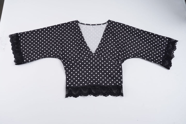 Dame polkadot bluser skjorte med spissepynt Skjora
