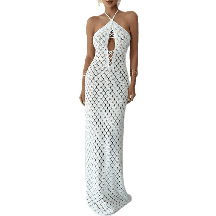 Damen Häkel-Maxi-Kleid mit innovativem Ausschnitt und seitlichen Cut-Outs Skjora