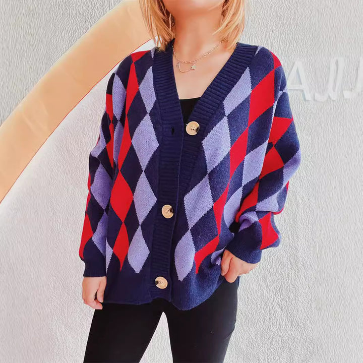 Damer mønstrete cardigan i moderne diamantdesign med store knapper Skjora