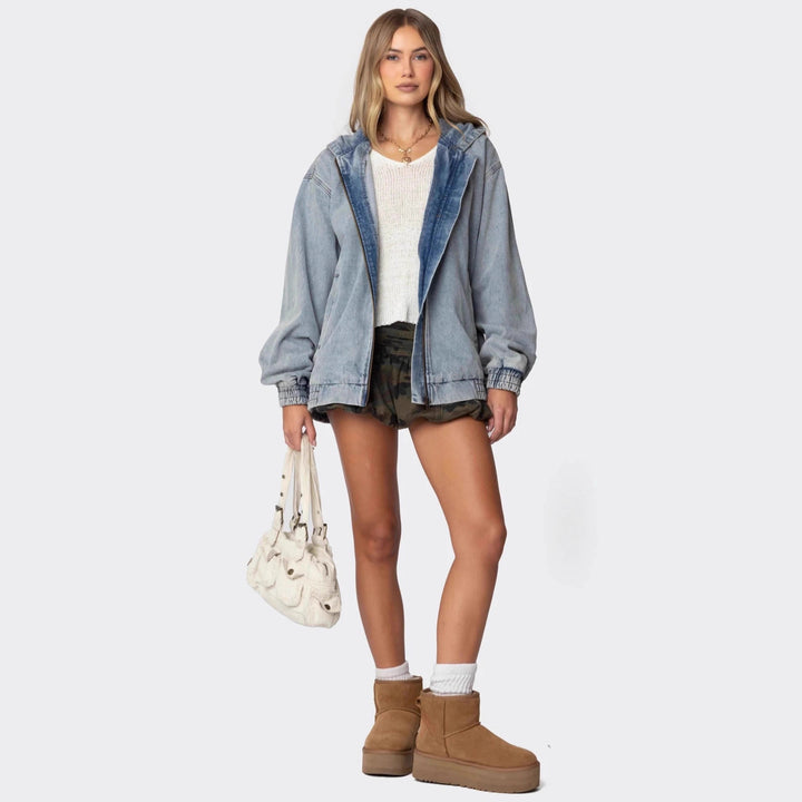 Dame Oversized Denimjakke med hette og elastiske mansjetter Skjora