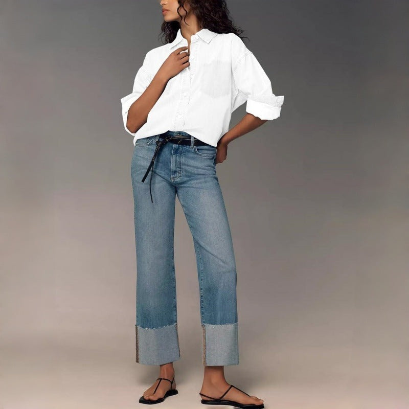 Dame designer jeans i moderne boyfriend-stil med unike detaljbehandlinger Skjora