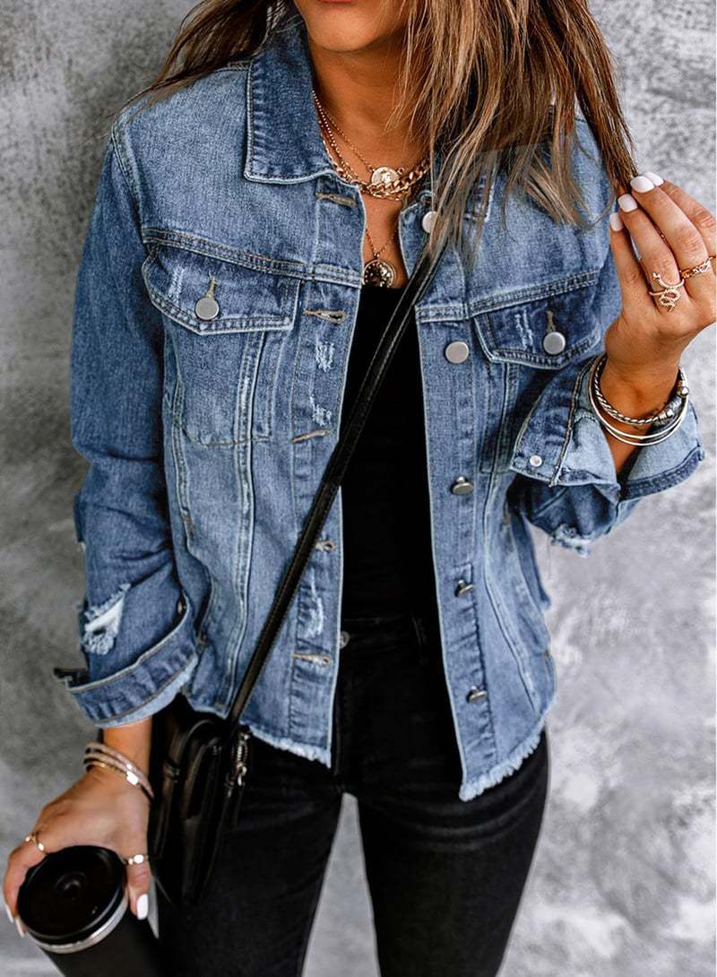Dames casual denimjakke med slitt detaljer og klassisk snitt Skjora