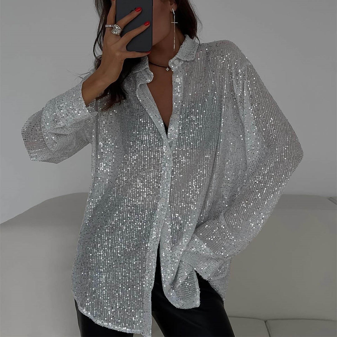 Damer Glitrende Langermet skjorte med avslappet snitt og elegante paljetter Skjora