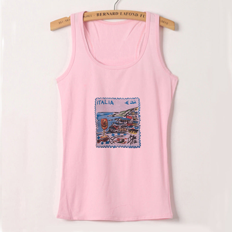 Dame ermeløs tanktop med kreativt postkortmotiv Skjora