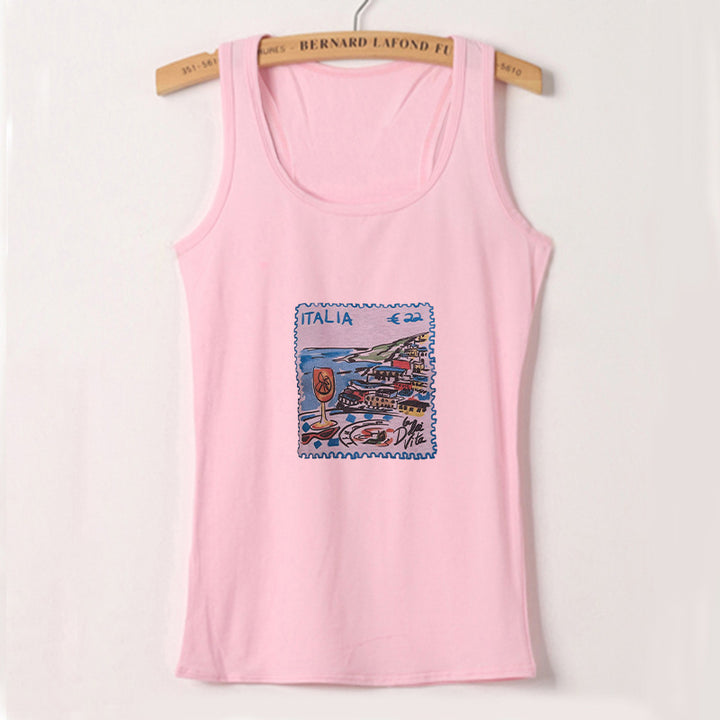 Dame ermeløs tanktop med kreativt postkortmotiv Skjora