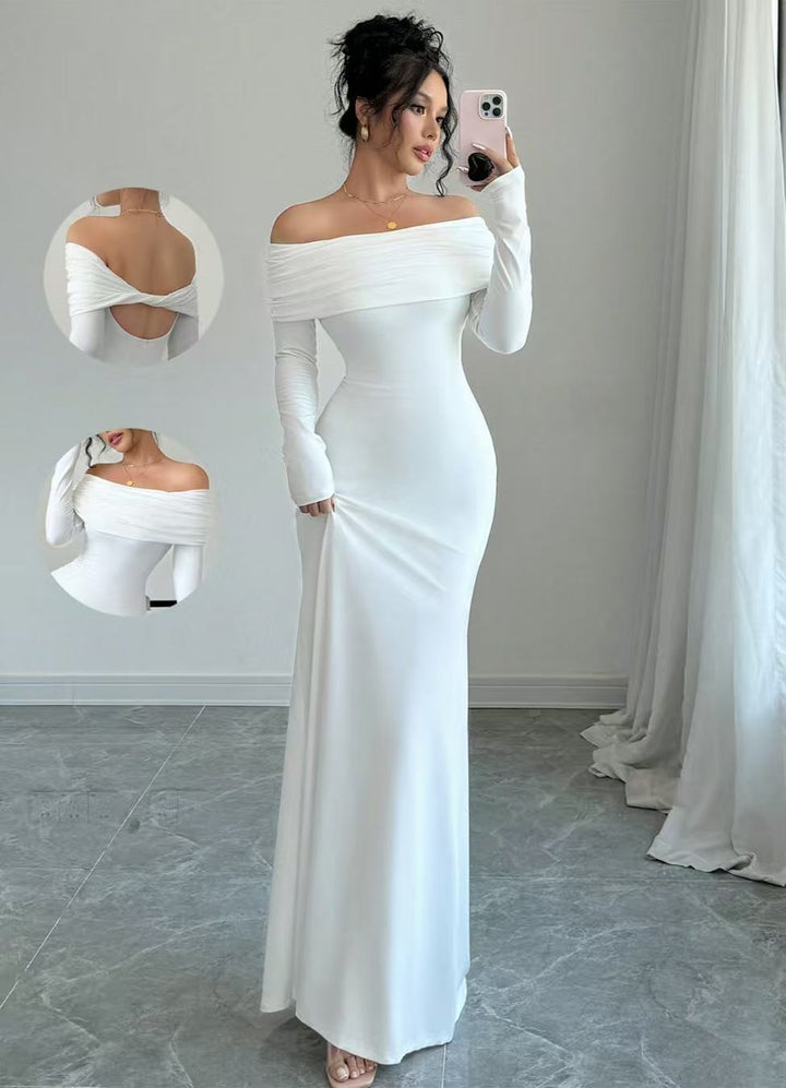 Dame Elegante Off-Shoulder Maksikjole med figurnær passform og lange ermer Skjora
