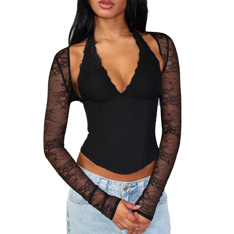 Dame elegant body med spissdetaljer og dyp V-hals Skjora