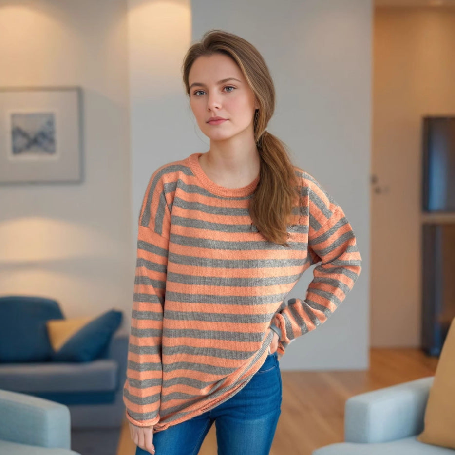 Dame strikket oversized genser med avslappet stripemønster Skjora