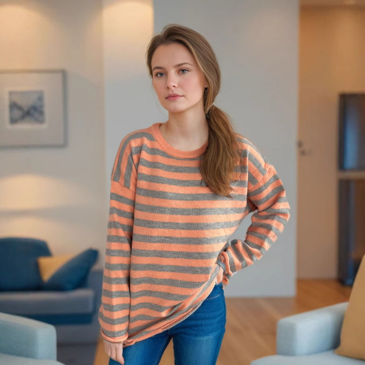Dame strikket oversized genser med avslappet stripemønster Skjora