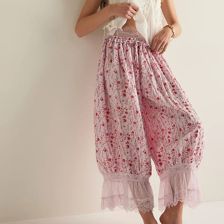 Damen Blumenmuster Hose mit Spitzenabschlüssen Skjora